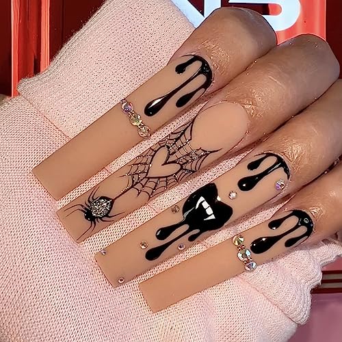 Hallowee Extra long Press on Nails Square Fake Nails with Glitter Spider Web Spider Designs False Nails and Rhinestones Acrylic Nails Artificial Matte Full Cover Stick on Nails for Women 24Pcs