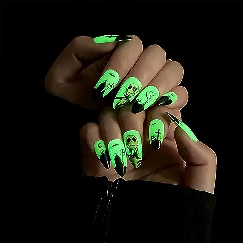 Halloween Almond Press On Nails Medium Length Glow In The Dark Fake Nails With Horror Dolls And Bat Designs False Nails Black French Glossy Full Cover Acrylic Stick On Nails For Women 24 Pcs