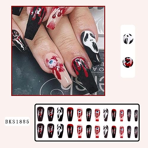 24 Pcs Halloween Black Coffin Press On Nails with Bloody Eyeball Ghost Face Design - Image 5