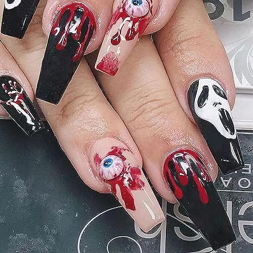 24 Pcs Halloween Black Coffin Press On Nails with Bloody Eyeball Ghost Face Design