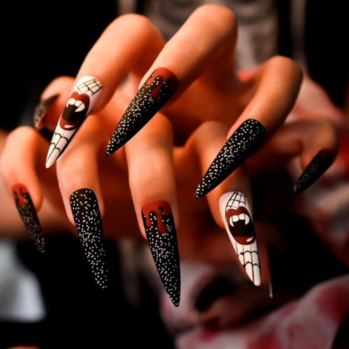 Halloween Design Black White Press on Nails | Coolnail UV Gel Super Long Stiletto Fake Nails, Bloody Mouth White Teeth Design Reusable Acrylic False Nails for Halloween, Stick on Fingernails