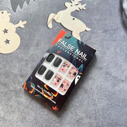 Halloween Fake Nails Short Square Press on Nails Petite Cute False Nails with Little Ghost Designs Matte Black Acrylic Nails Holiday Stick on Nails Halloween Glue on Nails for Women Girls - Image 5