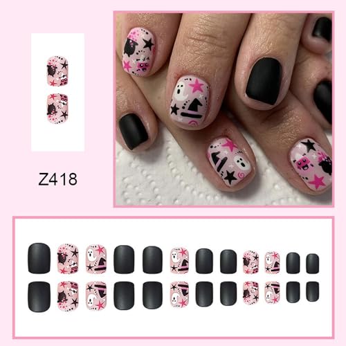 Halloween Fake Nails Short Square Press on Nails Petite Cute False Nails with Little Ghost Designs Matte Black Acrylic Nails Holiday Stick on Nails Halloween Glue on Nails for Women Girls - Image 3