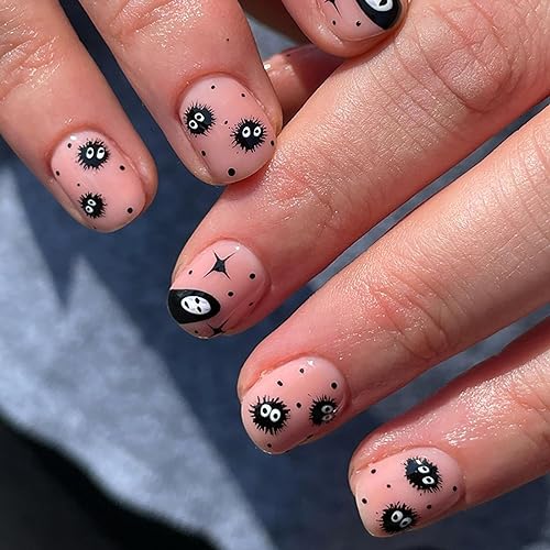 Halloween Fake Nails Short Square SWEKKE Press on Nails Nude Full Cover Ghost Black Elves False Nails with Designs Stars Glossy Glue on Nails Manicure Acrylic Artificial Nails for Women Girls 24Pcs