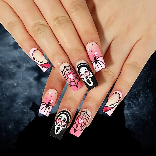 Halloween French Gradient Pink Black False Nails Coffin Medium Long Press on Nails Acrylics Full Cover Love Pumpkin Spider Web skull Print Fake Nails Tips for Women and Girls 24 PCS