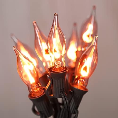 Halloween Lights Indoor Flickering Flame String Lights with 10 Pack Clear C7 Flame Light Bulbs, 12.8Ft Flame String Lights for Halloween Decorations Indoor Outdoor Home Party Lights