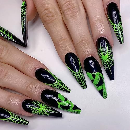Halloween Long Press on Nails Square Fake Nails Black Horror Glue on Nails with Green Ghost Heart Spider Web Designs Acrylic Nails Cobeweb Artificial Nails Stick on Nails for Women and Girls 24 Pcs