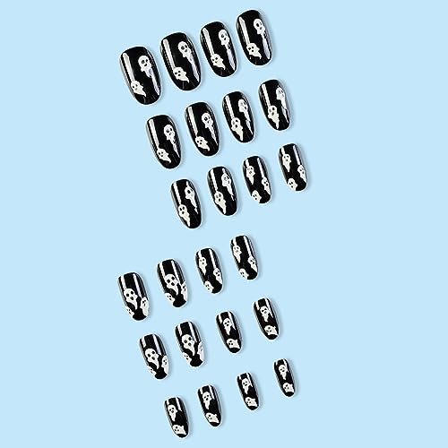 Halloween Luminous Press on Nails Medium Ghost Fake Nails with Design Black Full Cover Stick on Nails Horror Artificial Acrylic False Nails Holiday False Nails Halloween for Women and Girls 24Pcs - Image 3