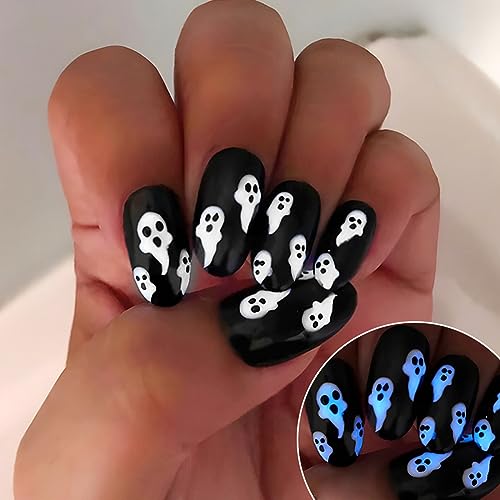 Halloween Luminous Press on Nails Medium Ghost Fake Nails with Design Black Full Cover Stick on Nails Horror Artificial Acrylic False Nails Holiday False Nails Halloween for Women and Girls 24Pcs