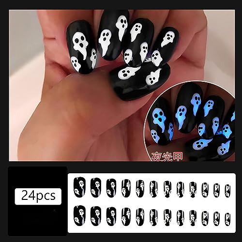 Halloween Luminous Press on Nails Medium Ghost Fake Nails with Design Black Full Cover Stick on Nails Horror Artificial Acrylic False Nails Holiday False Nails Halloween for Women and Girls 24Pcs - Image 4