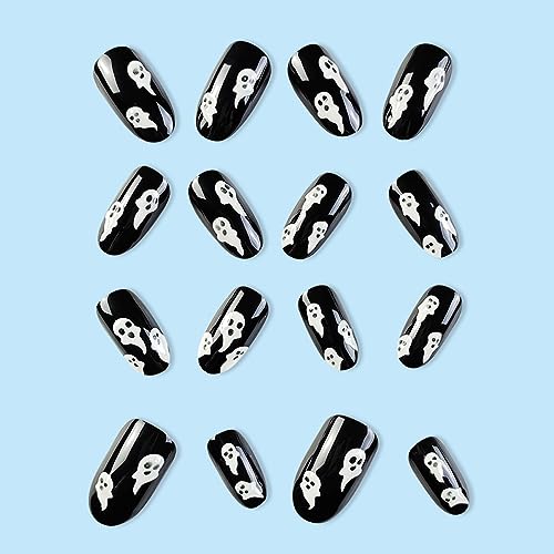 Halloween Luminous Press on Nails Medium Ghost Fake Nails with Design Black Full Cover Stick on Nails Horror Artificial Acrylic False Nails Holiday False Nails Halloween for Women and Girls 24Pcs - Image 2