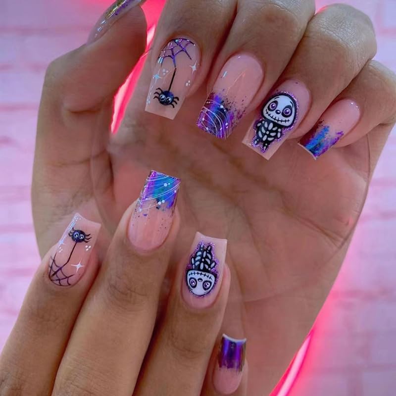 Halloween Medium Press on Nails Black and White Skull Coffin Fake Nails Blue-Purple Glue on Nails Spider False Nails Acrylic Full Cover Stick Women on Nails 24Pcs