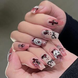 Halloween Medium Press on Nails with Pink Gradient and Cross Rabbit Designs, 24PCS