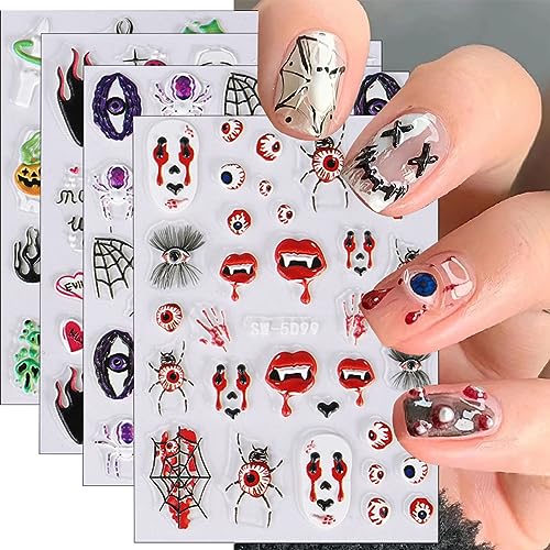 Halloween Nail Art Stickers 5D Embossed Self-Adhesive Skull Pumpkin Spider Nail Stickers Design Acrylic Nail Art DIY Horror Nail Decorations for Women Girls
