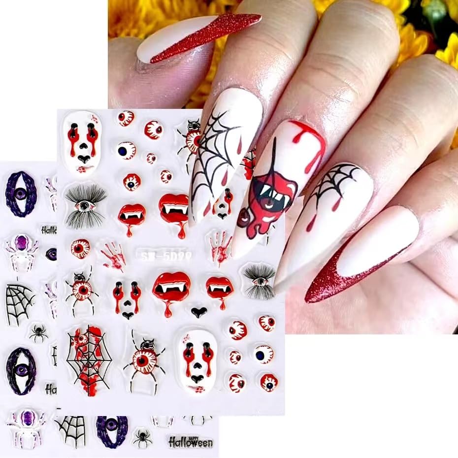 Halloween Nail Art Stickers 5D Embossed Self-Adhesive Skull Pumpkin Spider Nail Stickers Design Acrylic Nail Art DIY Horror Nail Decorations for Women Girls - Image 3