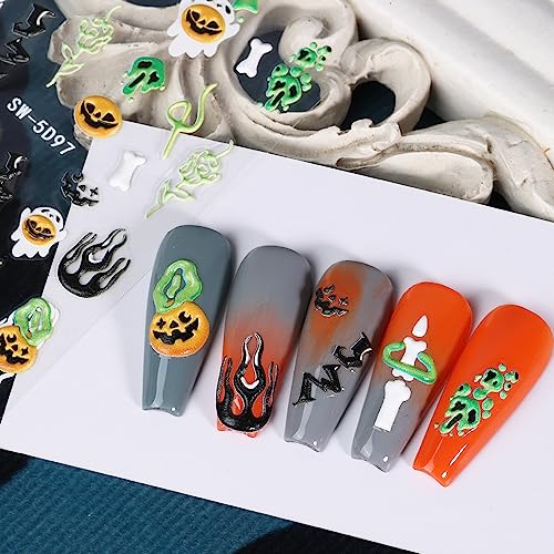 Halloween Nail Art Stickers 5D Embossed Self-Adhesive Skull Pumpkin Spider Nail Stickers Design Acrylic Nail Art DIY Horror Nail Decorations for Women Girls - Image 6