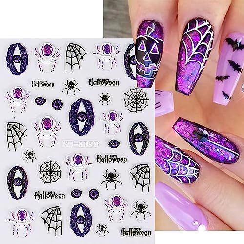 Halloween Nail Art Stickers 5D Embossed Self-Adhesive Skull Pumpkin Spider Nail Stickers Design Acrylic Nail Art DIY Horror Nail Decorations for Women Girls - Image 2