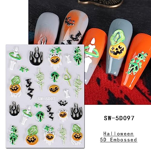 Halloween Nail Art Stickers 5D Embossed Self-Adhesive Skull Pumpkin Spider Nail Stickers Design Acrylic Nail Art DIY Horror Nail Decorations for Women Girls - Image 5