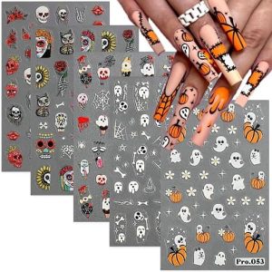 Halloween Nail Art Stickers 5D Self-Adhesive Stereo Relief Nails Decals Pegatinas Uñas Cute Cartoon Ghost Witchy Spider Web Pumpkin Spook Designer for Women Acrylic Nails Art Supplies 5 Sheets
