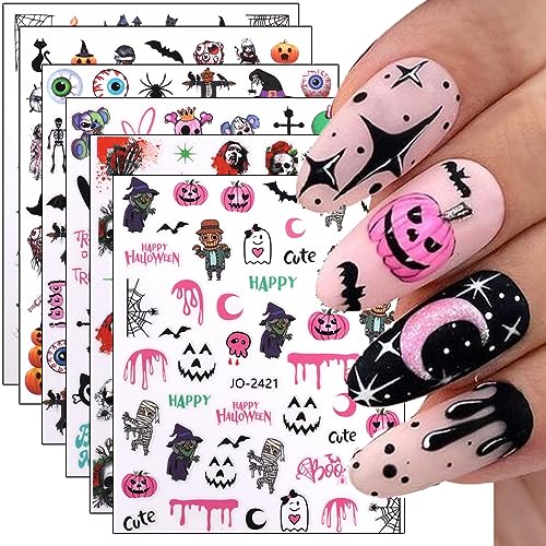 Halloween Nail Art Stickers Decals, 3D Self-Adhesive Nail Decals Halloween Nail Art Supplies Horror Eyes Hand Skull Nail Designs Pumpkin Nail Stickers for Women Girls DIY Nail Art Decoration 6 Sheets