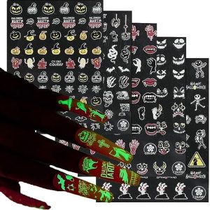 Halloween Nail Art Stickers Glow in Night Nail Decals 3D Self-Adhesive Nail DIY Decoration Scary Skull Pumpkin Spider Net Ghost and Bat Patterns Nail Art Supplies Pegatinas Uñas for Women 5 Sheets