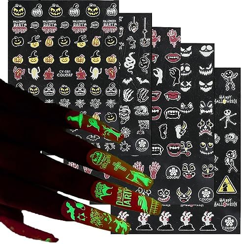 Halloween Nail Art Stickers Glow in Night Nail Decals 3D Self-Adhesive Nail DIY Decoration Scary Skull Pumpkin Spider Net Ghost and Bat Patterns Nail Art Supplies Pegatinas Uñas for Women 5 Sheets