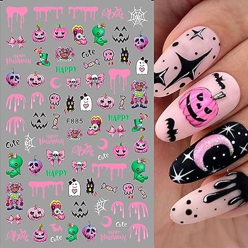 Halloween Nail Stickers Pink Skull Pumpkin Nail Art Decals 3D Self Adhesive Nail Supplies Funny Clown Star Moon Halloween Nails Design Ghost Nail Decals for Women Girls Acrylic Nails Decoration 6PCS - Image 2