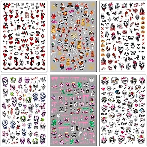Halloween Nail Stickers Pink Skull Pumpkin Nail Art Decals 3D Self Adhesive Nail Supplies Funny Clown Star Moon Halloween Nails Design Ghost Nail Decals for Women Girls Acrylic Nails Decoration 6PCS - Image 3