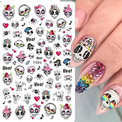 Halloween Nail Stickers Pink Skull Pumpkin Nail Art Decals 3D Self Adhesive Nail Supplies Funny Clown Star Moon Halloween Nails Design Ghost Nail Decals for Women Girls Acrylic Nails Decoration 6PCS - Image 6