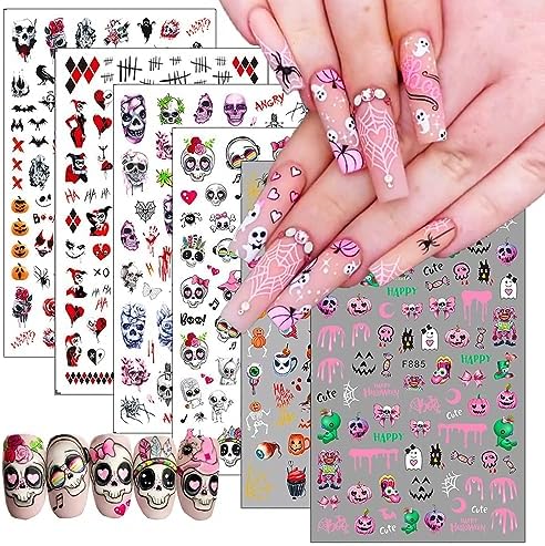 Halloween Nail Stickers Pink Skull Pumpkin Nail Art Decals 3D Self Adhesive Nail Supplies Funny Clown Star Moon Halloween Nails Design Ghost Nail Decals for Women Girls Acrylic Nails Decoration 6PCS