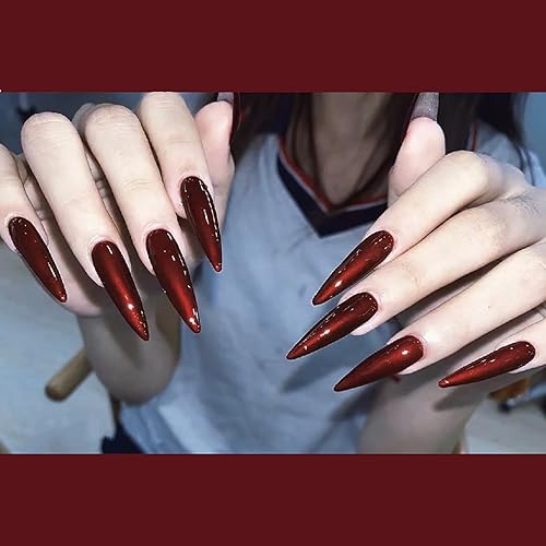 Halloween Nails Long Stiletto Press on Nails Bloody Mary Design Fake Nails Dark Red Witch Nails Glossy Acrylic Nails Stick on Nails Jelly Press on Nails for Women and Girls Cosplay Manicure 24Pcs