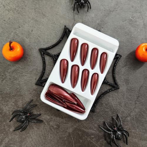 Halloween Nails Long Stiletto Press on Nails Bloody Mary Design Fake Nails Dark Red Witch Nails Glossy Acrylic Nails Stick on Nails Jelly Press on Nails for Women and Girls Cosplay Manicure 24Pcs - Image 5
