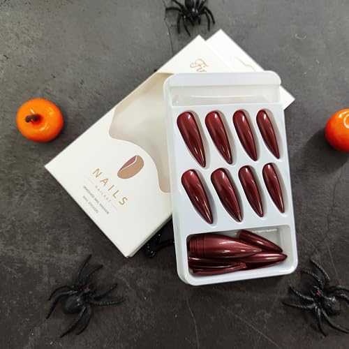 Halloween Nails Long Stiletto Press on Nails Bloody Mary Design Fake Nails Dark Red Witch Nails Glossy Acrylic Nails Stick on Nails Jelly Press on Nails for Women and Girls Cosplay Manicure 24Pcs - Image 6