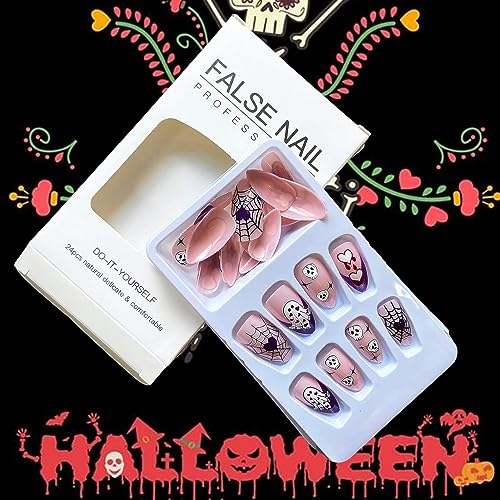 24pc Medium Almond Glossy Purple Ghost Halloween Press On Nails - Image 4
