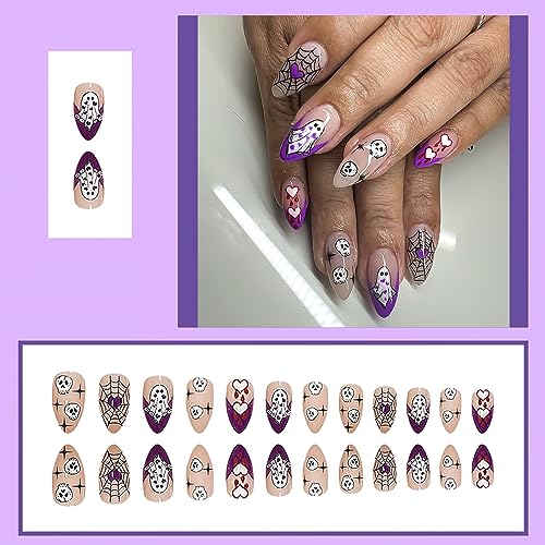 24pc Medium Almond Glossy Purple Ghost Halloween Press On Nails - Image 2