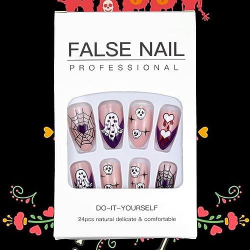 24pc Medium Almond Glossy Purple Ghost Halloween Press On Nails - Image 3