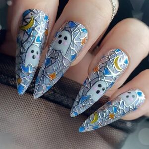 Halloween Press on Nails Almond - Long Fake Nails Acrylic Star Moon Blue Ghost Design False Nails Full Cover Stick on Nails for Women Girls 24Pcs(Lovely Ghost)