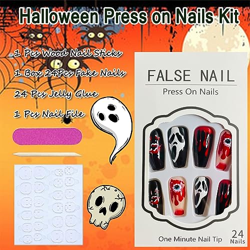 Halloween Press on Nails Coffin Medium Length Ghost Fake Nails Evil Eye Blood Drop Design Scary Halloween Stick on Nails Artificial Full Cover Acrylic False Nails for Women DIY Manicure Tips 24Pcs - Image 6