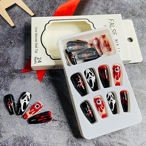 Halloween Press on Nails Coffin Medium Length Ghost Fake Nails Evil Eye Blood Drop Design Scary Halloween Stick on Nails Artificial Full Cover Acrylic False Nails for Women DIY Manicure Tips 24Pcs - Image 5