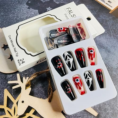 Halloween Press on Nails Coffin Medium Length Ghost Fake Nails Evil Eye Blood Drop Design Scary Halloween Stick on Nails Artificial Full Cover Acrylic False Nails for Women DIY Manicure Tips 24Pcs - Image 4