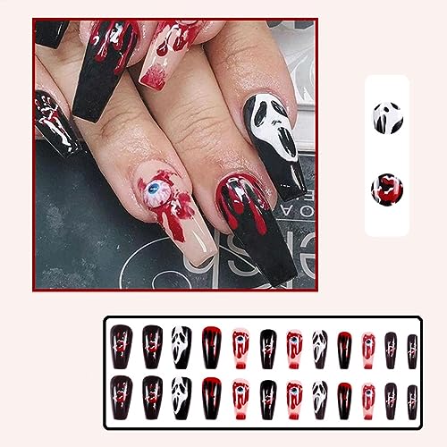 Halloween Press on Nails Coffin Medium Length Ghost Fake Nails Evil Eye Blood Drop Design Scary Halloween Stick on Nails Artificial Full Cover Acrylic False Nails for Women DIY Manicure Tips 24Pcs - Image 2