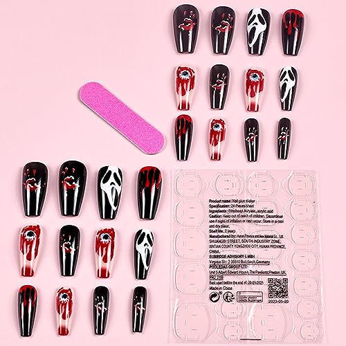 Halloween Press on Nails Coffin Medium Length Ghost Fake Nails Evil Eye Blood Drop Design Scary Halloween Stick on Nails Artificial Full Cover Acrylic False Nails for Women DIY Manicure Tips 24Pcs - Image 3