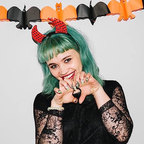 Halloween Press on Nails Comic PoP Art Mediem Coffin Tips Ghost Spider Web Full Cover Fake Nails Blood Fluorescent Green Glue on Nails 72Pcs - Image 6