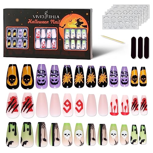 Halloween Press on Nails Comic PoP Art Mediem Coffin Tips Ghost Spider Web Full Cover Fake Nails Blood Fluorescent Green Glue on Nails 72Pcs - Image 4