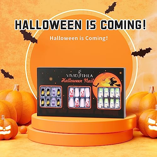 Halloween Press on Nails Comic PoP Art Mediem Coffin Tips Ghost Spider Web Full Cover Fake Nails Blood Fluorescent Green Glue on Nails 72Pcs - Image 2