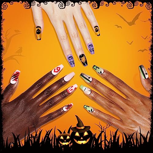 Halloween Press on Nails Comic PoP Art Mediem Coffin Tips Ghost Spider Web Full Cover Fake Nails Blood Fluorescent Green Glue on Nails 72Pcs