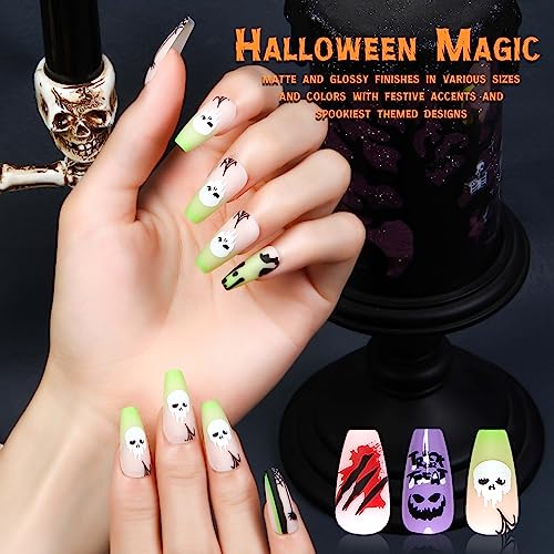 Halloween Press on Nails Comic PoP Art Mediem Coffin Tips Ghost Spider Web Full Cover Fake Nails Blood Fluorescent Green Glue on Nails 72Pcs - Image 5