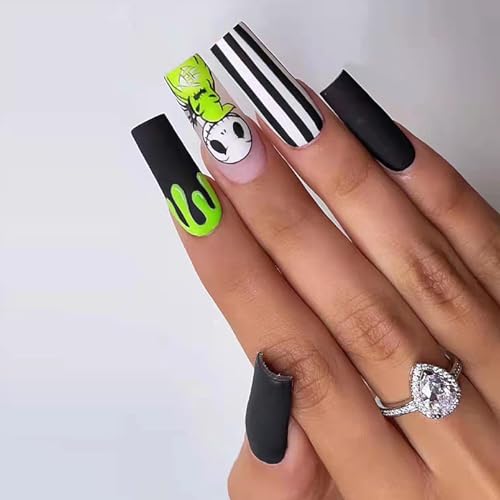 Halloween Press on Nails False Nails Long Square Black White Stripes French Tips with Ghost Pink Cute Acrylic Nails Manicure Full Cover Glue on Nails Designs for Women and Girls 24 PCS