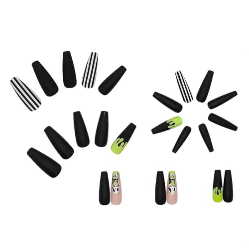 Halloween Press on Nails False Nails Long Square Black White Stripes French Tips with Ghost Pink Cute Acrylic Nails Manicure Full Cover Glue on Nails Designs for Women and Girls 24 PCS - Image 2