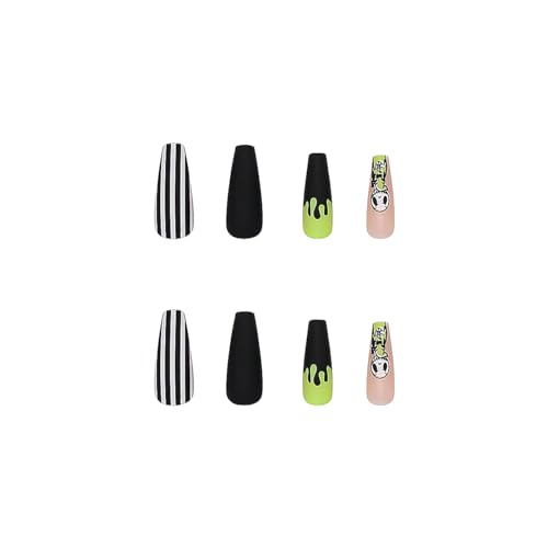 Halloween Press on Nails False Nails Long Square Black White Stripes French Tips with Ghost Pink Cute Acrylic Nails Manicure Full Cover Glue on Nails Designs for Women and Girls 24 PCS - Image 3